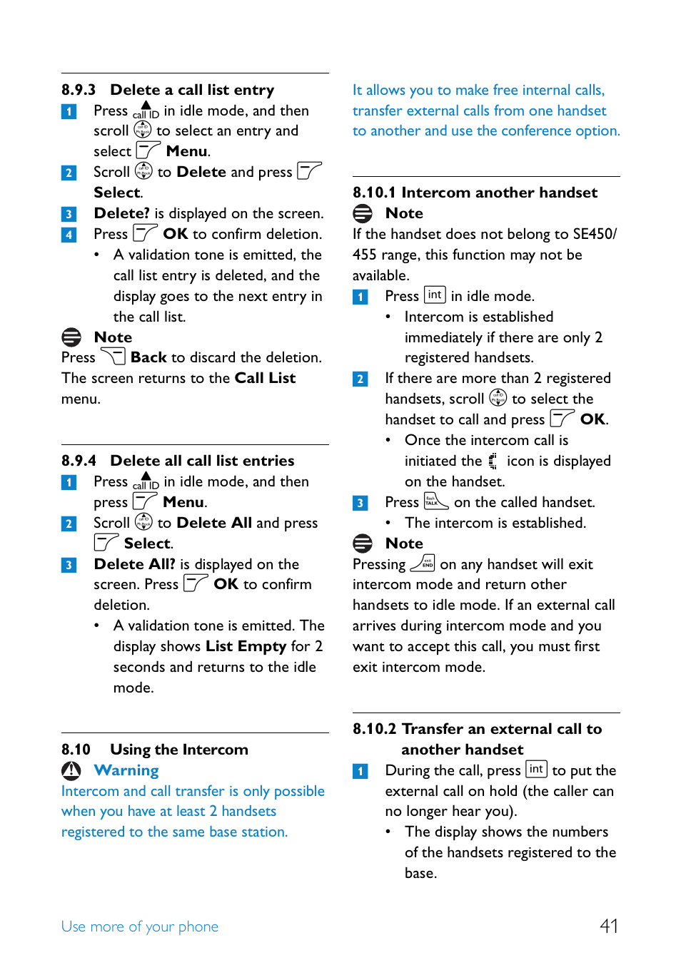 10 using the intercom, Delete a call list entry, Delete all call list entries | Using the intercom, Intercom another handset, Transfer an external call to another handset | Philips SE4552B-17 User Manual | Page 43 / 76