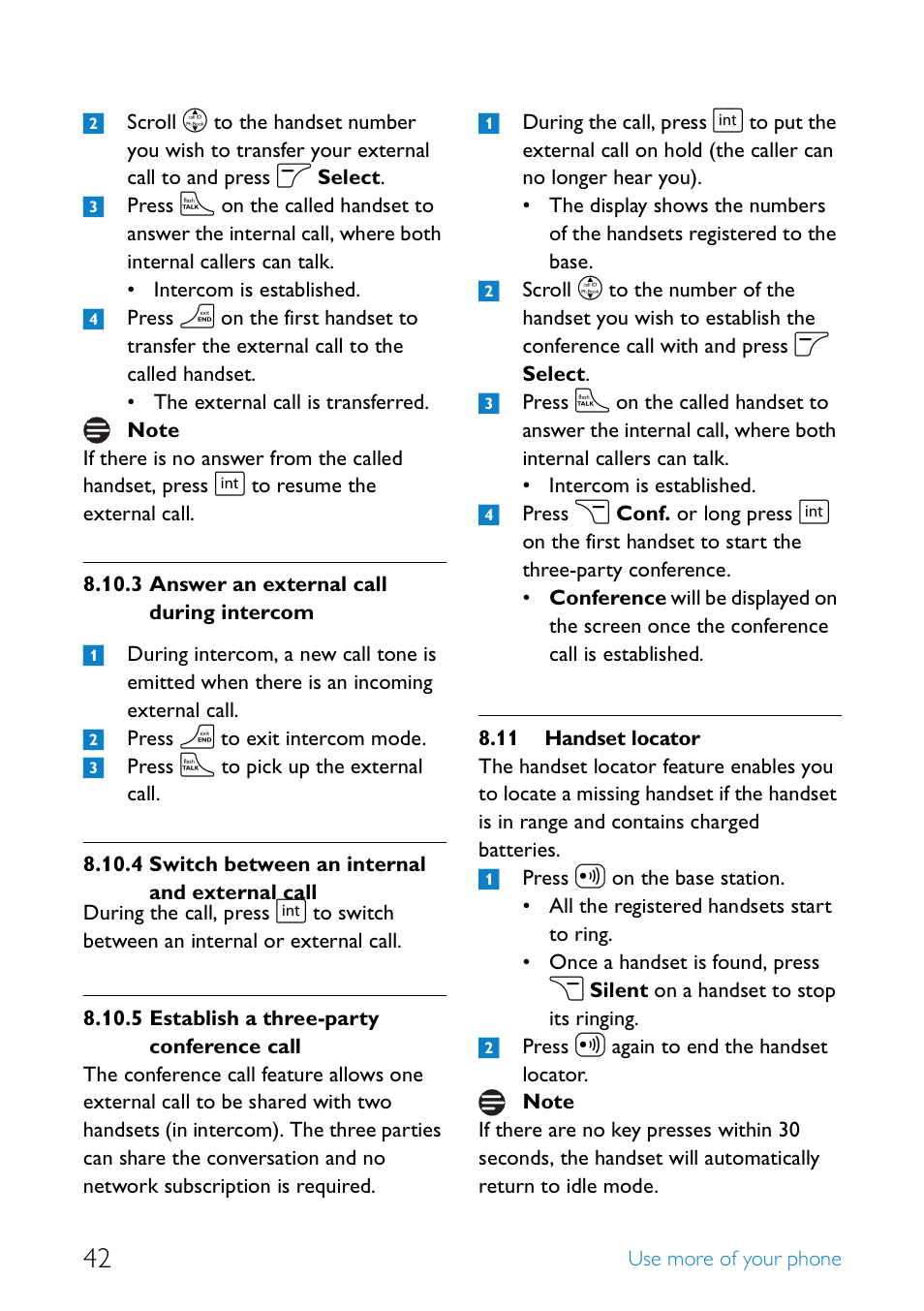 11 handset locator, Answer an external call during intercom, Switch between an internal and external call | Establish a three-party conference call, Handset locator | Philips SE4552B-17 User Manual | Page 44 / 76