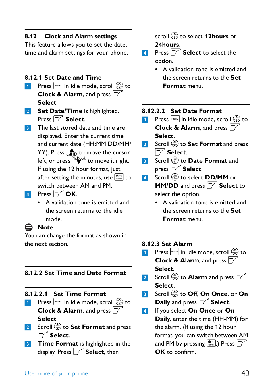 12 clock and alarm settings, Clock and alarm settings, Set date and time | Set time and date format, Set alarm | Philips SE4552B-17 User Manual | Page 45 / 76