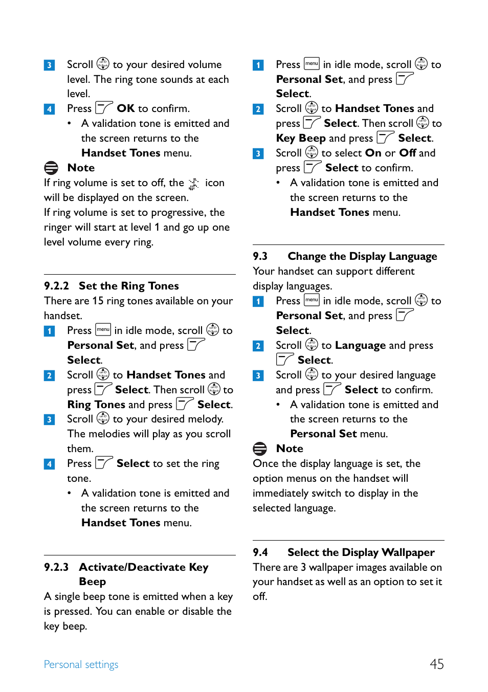 3 change the display language, 4 select the display wallpaper, Set the ring tones | Activate/deactivate key beep, Change the display language, Select the display wallpaper | Philips SE4552B-17 User Manual | Page 47 / 76