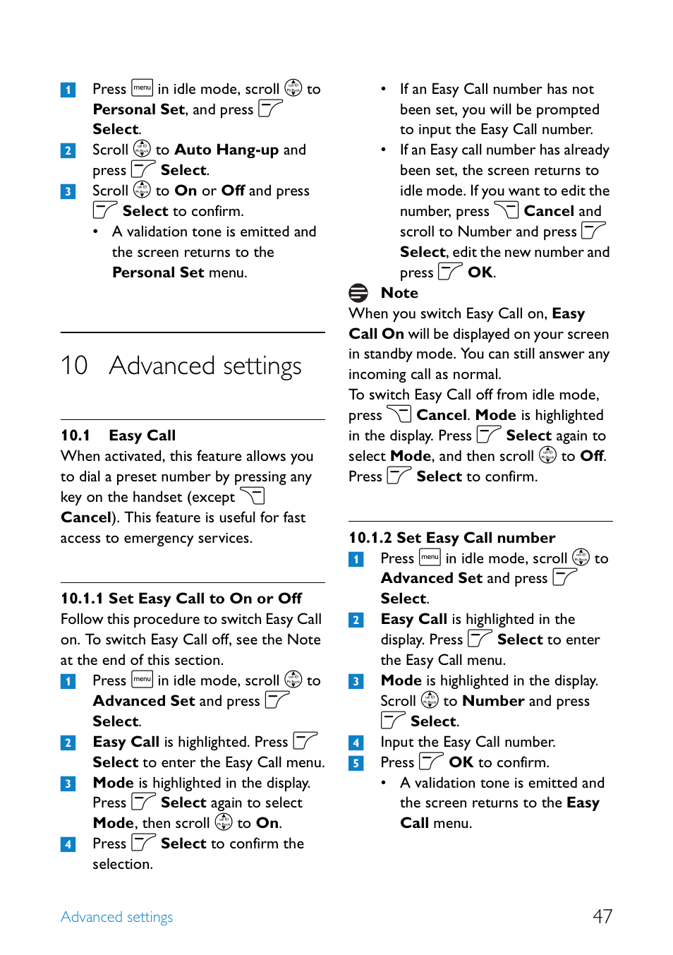 10 advanced settings, 1 easy call, Advanced settings | Easy call, Set easy call to on or off, Set easy call number | Philips SE4552B-17 User Manual | Page 49 / 76