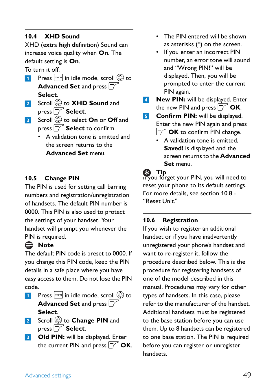 4 xhd sound, 5 change pin, 6 registration | Xhd sound, Change pin, Registration | Philips SE4552B-17 User Manual | Page 51 / 76