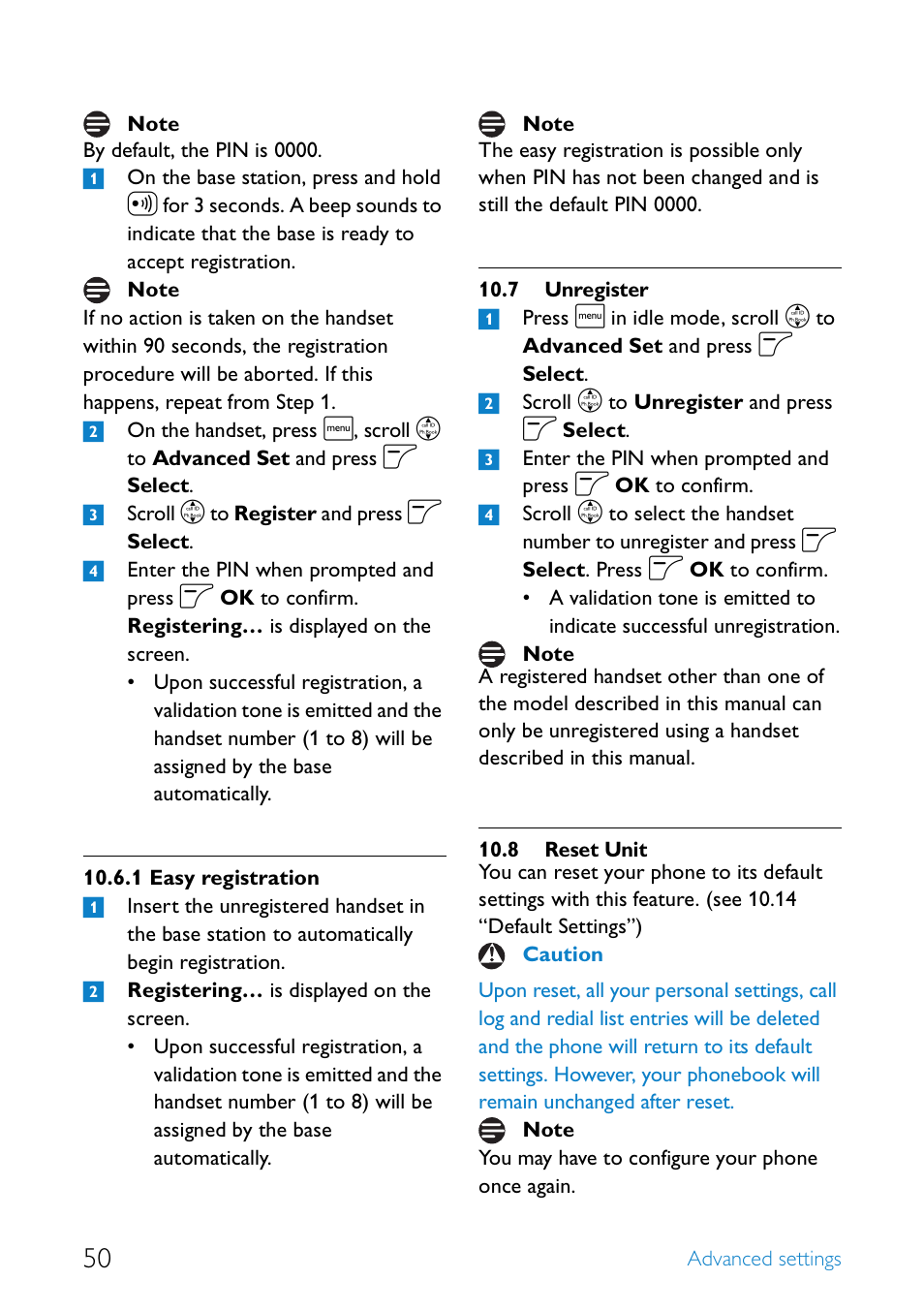 7 unregister, 8 reset unit, Easy registration | Unregister, Reset unit | Philips SE4552B-17 User Manual | Page 52 / 76