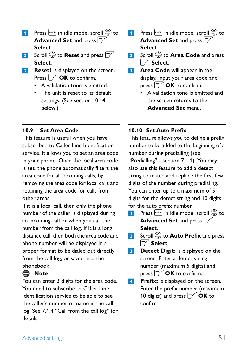 9 set area code, 10 set auto prefix, Set area code | Set auto prefix | Philips SE4552B-17 User Manual | Page 53 / 76