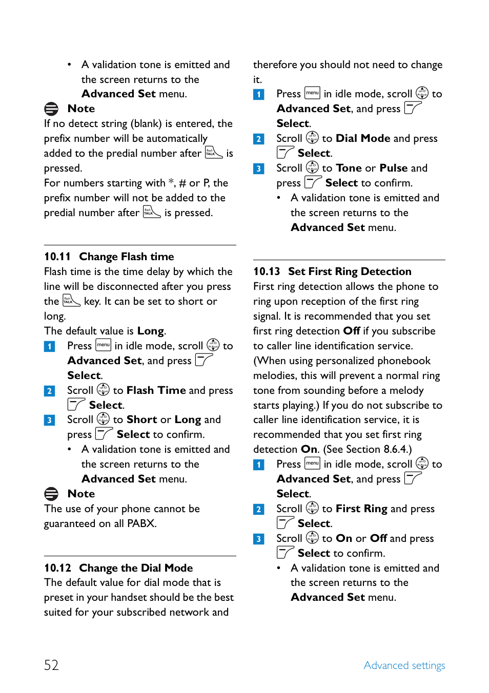 11 change flash time, 12 change the dial mode, 13 set first ring detection | Change flash time, Change the dial mode, Set first ring detection | Philips SE4552B-17 User Manual | Page 54 / 76