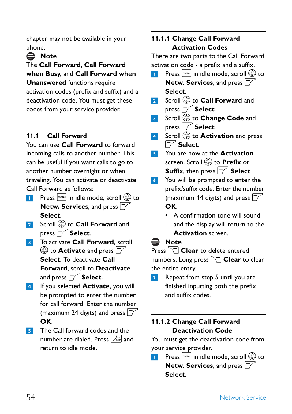 1 call forward, Call forward, Change call forward activation codes | Change call forward deactivation code | Philips SE4552B-17 User Manual | Page 56 / 76