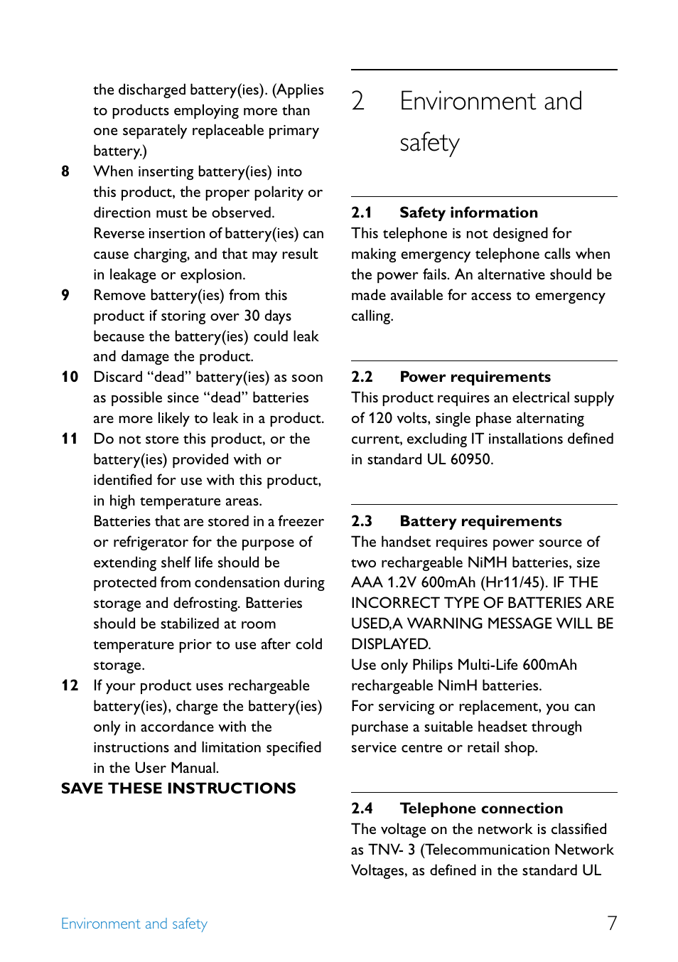 2 environment and safety, 1 safety information, 2 power requirements | 3 battery requirements, 4 telephone connection, Environment and safety 7, Safety information, Power requirements, Battery requirements, Telephone connection | Philips SE4552B-17 User Manual | Page 9 / 76