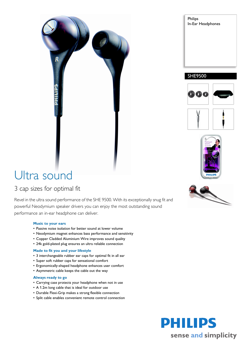 Philips In-Ear Headphones SHE9500 User Manual | 2 pages