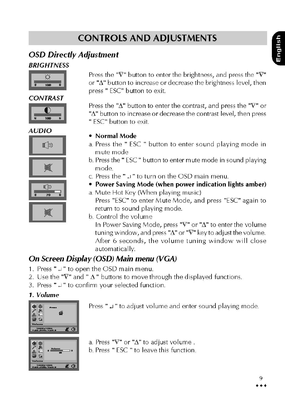 Osd directly adjustment, Normal mode, On screen display (osd) main menu (vga) | Controls and adjustments | Atlantis Land A05-19BM-F02 User Manual | Page 11 / 23