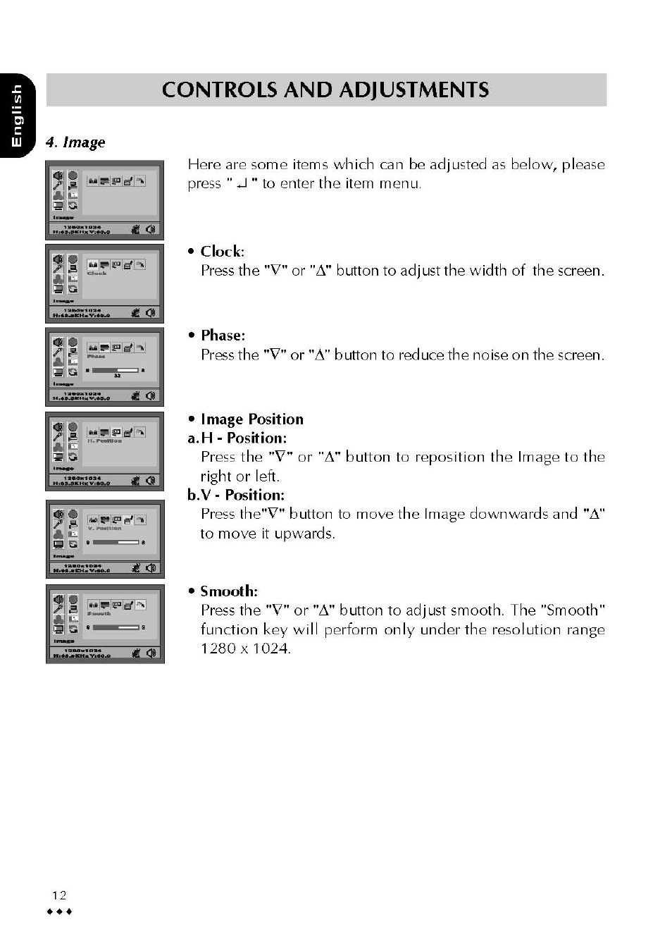 1 “ »*is= s' am, Clock, Phase | Image position, Controls and adjustments | Atlantis Land A05-19BM-F02 User Manual | Page 14 / 23