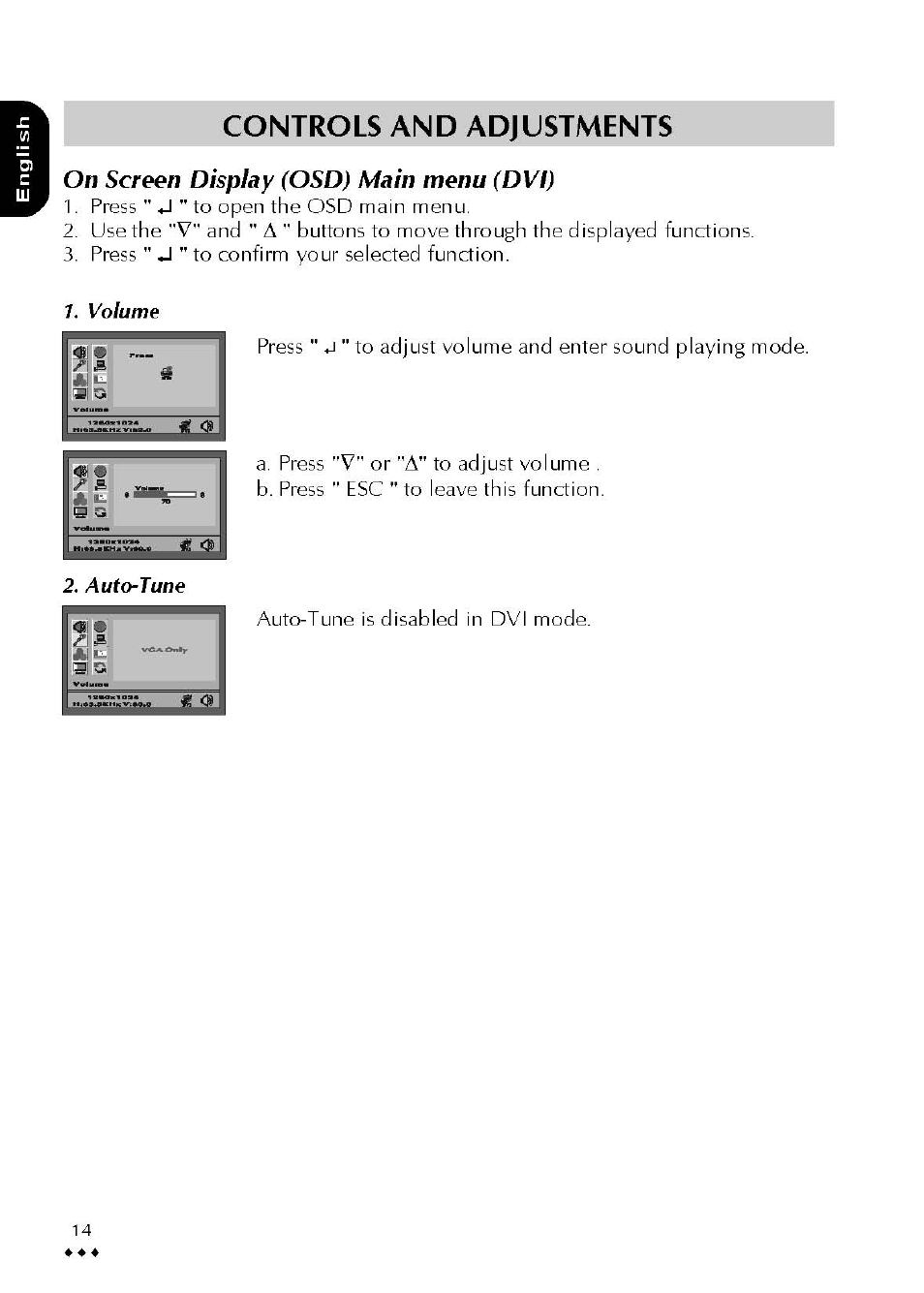 On screen display (osd) main menu (dvi), Controls and adjustments | Atlantis Land A05-19BM-F02 User Manual | Page 16 / 23