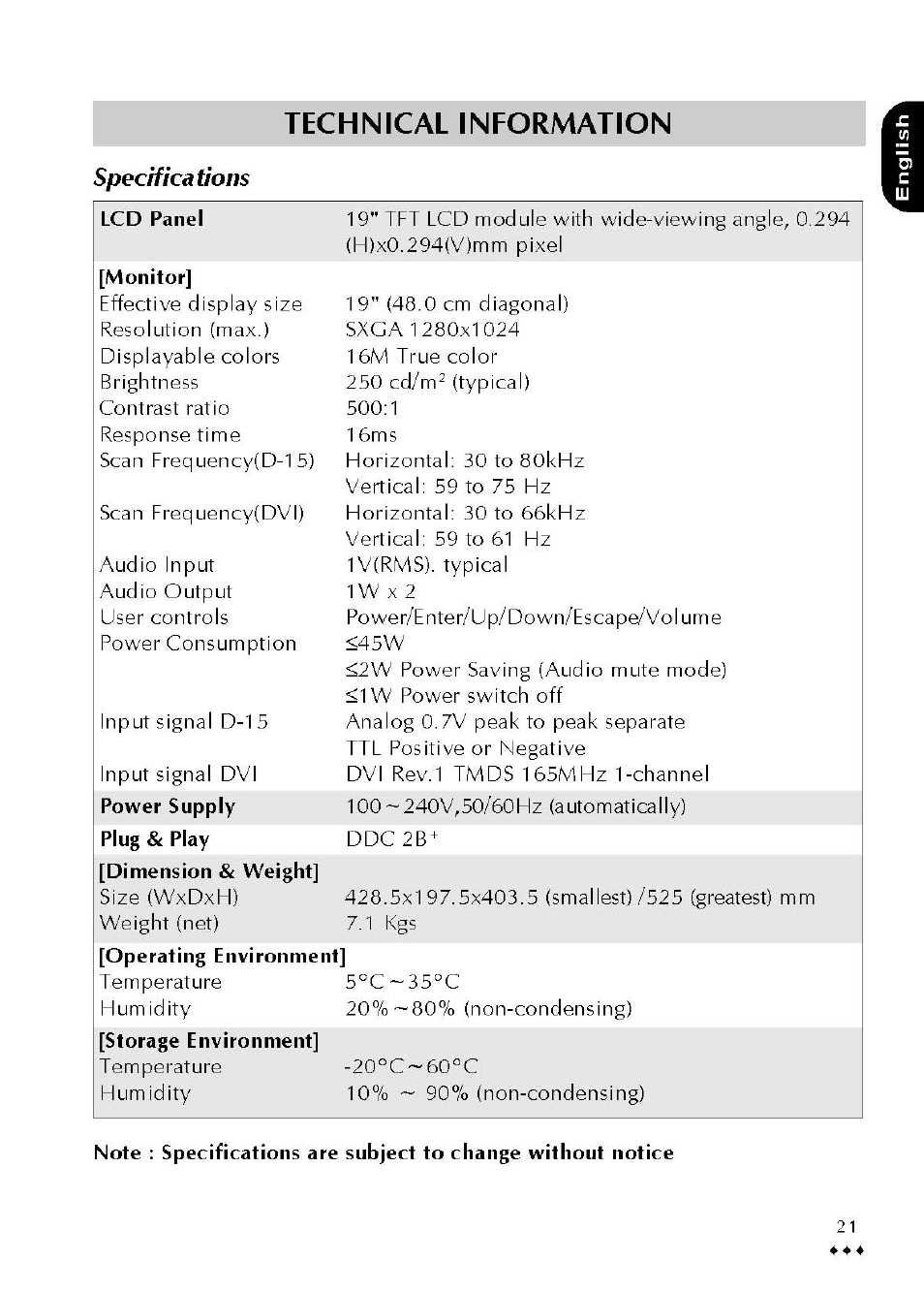 Specifications, Specification, Technical information | Atlantis Land A05-19BM-F02 User Manual | Page 23 / 23