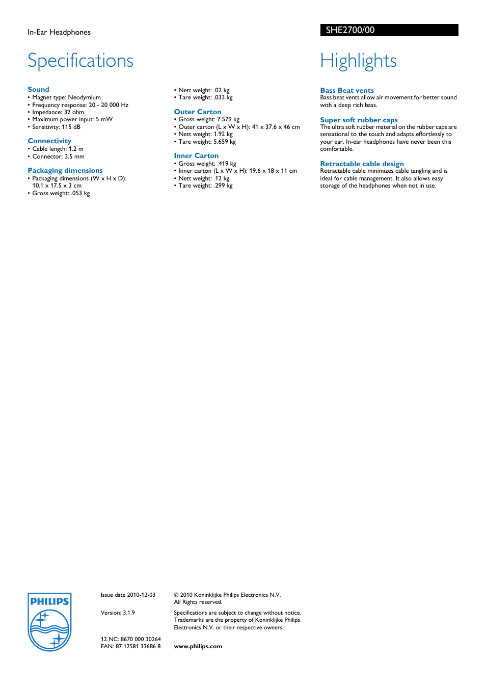Specifications, Highlights | Philips SHE2700-00 User Manual | Page 2 / 2