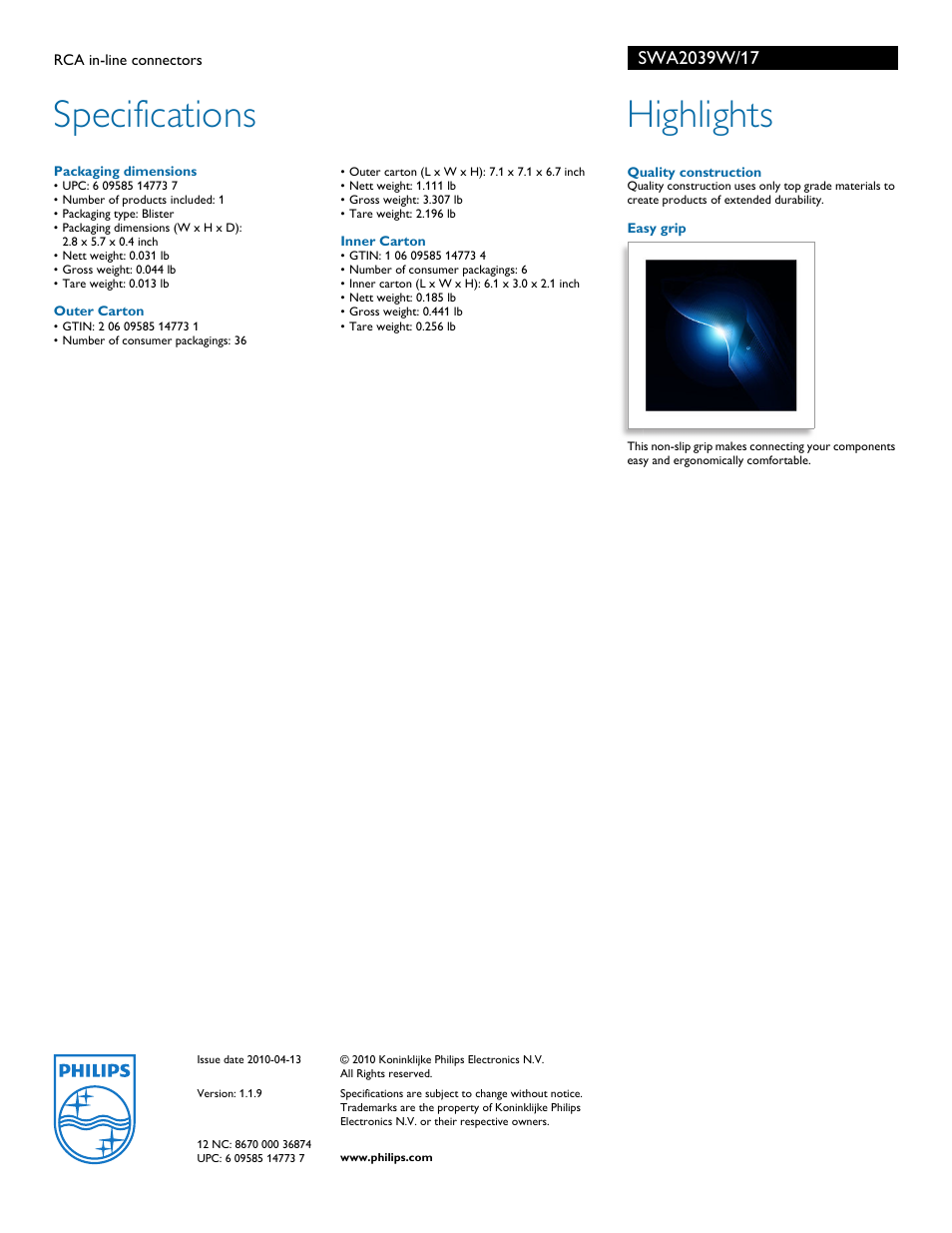 Specifications, Highlights | Philips SWA2039W-17 User Manual | Page 2 / 2