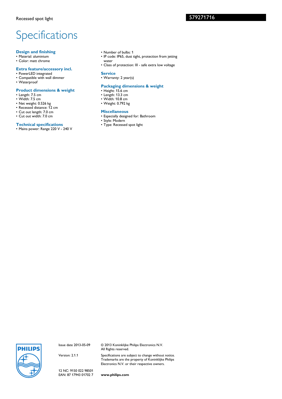 Specifications | Philips 579271716 User Manual | Page 3 / 3