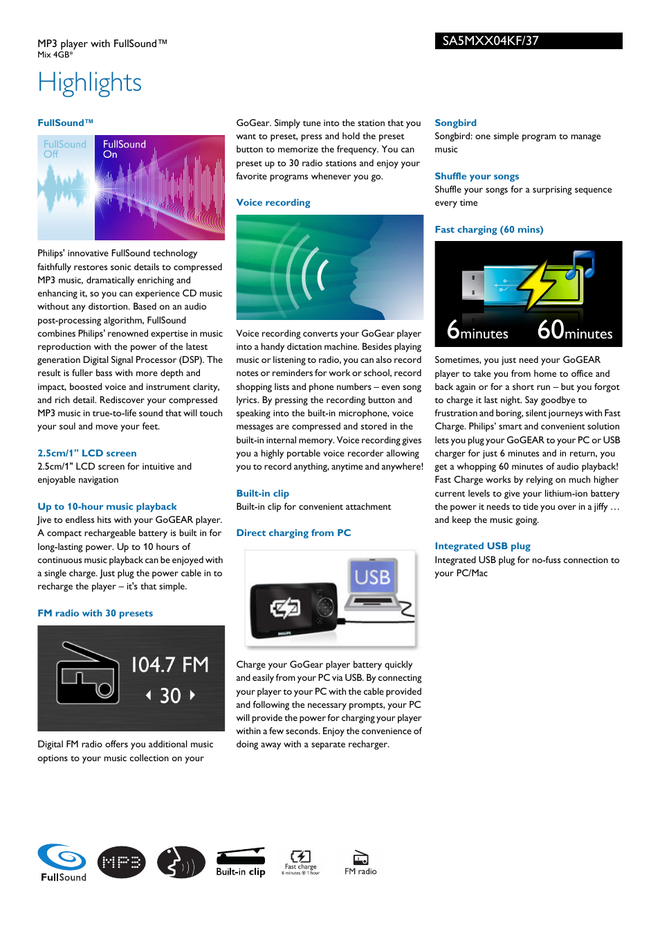Highlights | Philips SA5MXX04KF-37 User Manual | Page 2 / 3