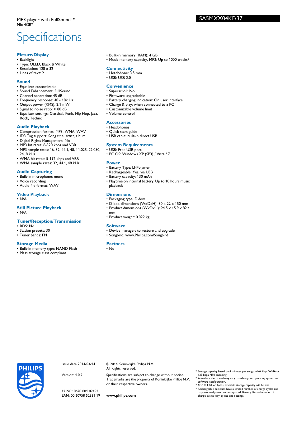 Specifications | Philips SA5MXX04KF-37 User Manual | Page 3 / 3