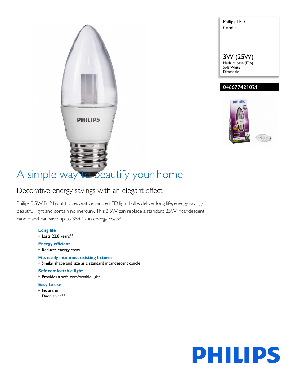 Philips LED Candle 046677421021 3W 25W Medium base E26 Soft White Dimmable User Manual | 2 pages