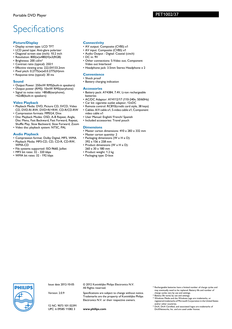 Specifications | Philips PET1002-37B User Manual | Page 3 / 3