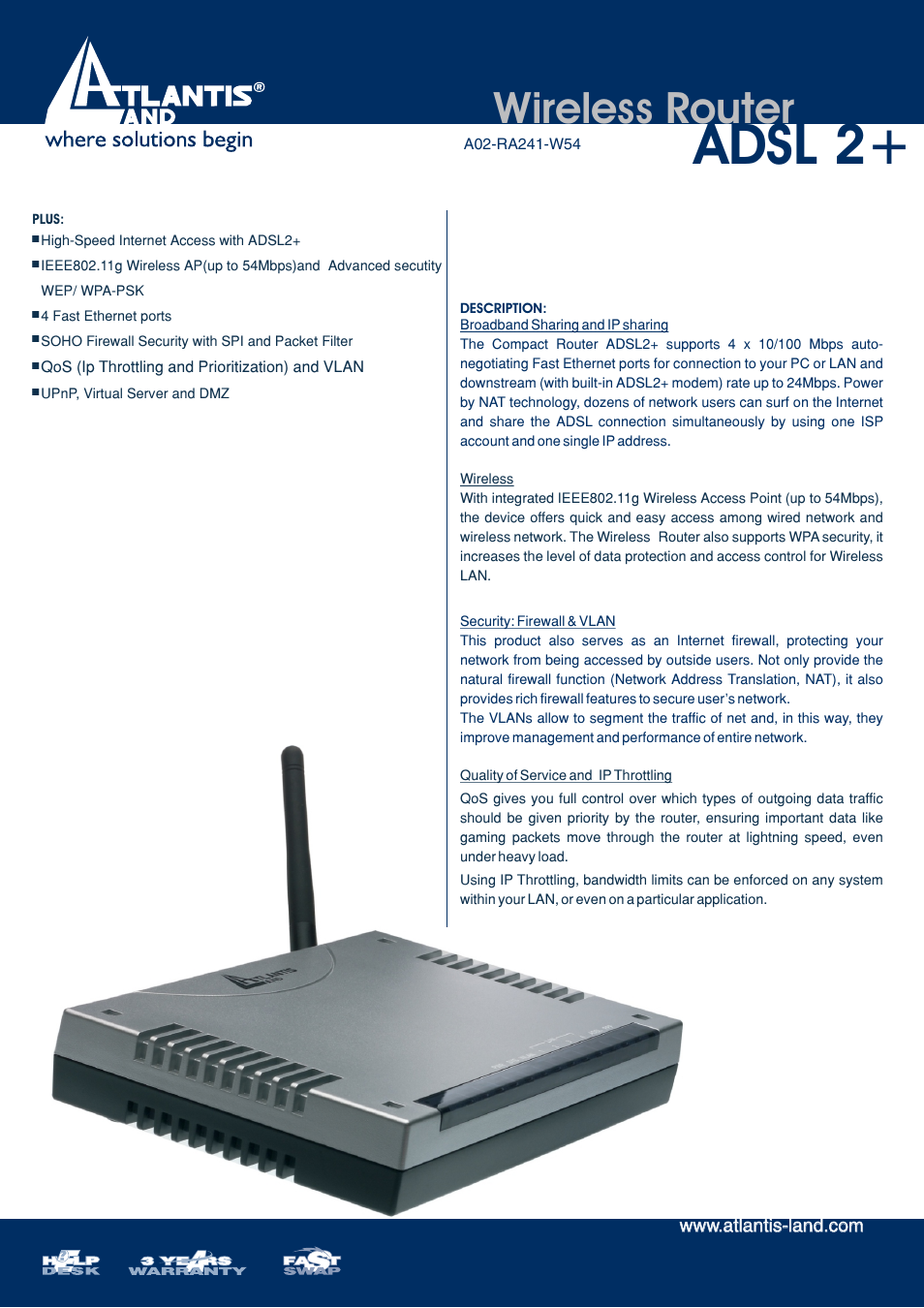 Atlantis Land ADSL 2+ A02-RA241-W54 User Manual | 2 pages