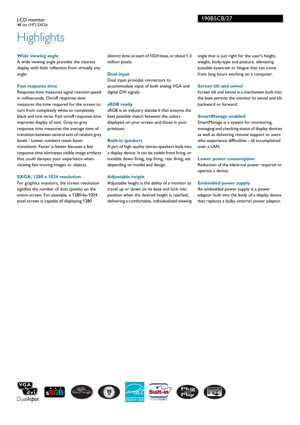 Highlights | Philips 190B5CB-27 User Manual | Page 2 / 3