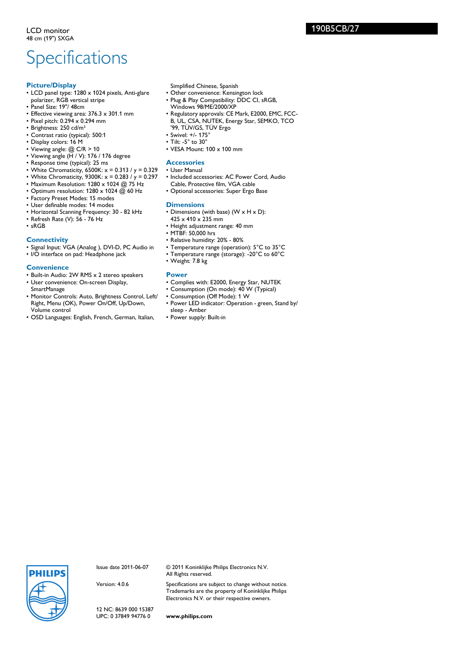 Specifications | Philips 190B5CB-27 User Manual | Page 3 / 3