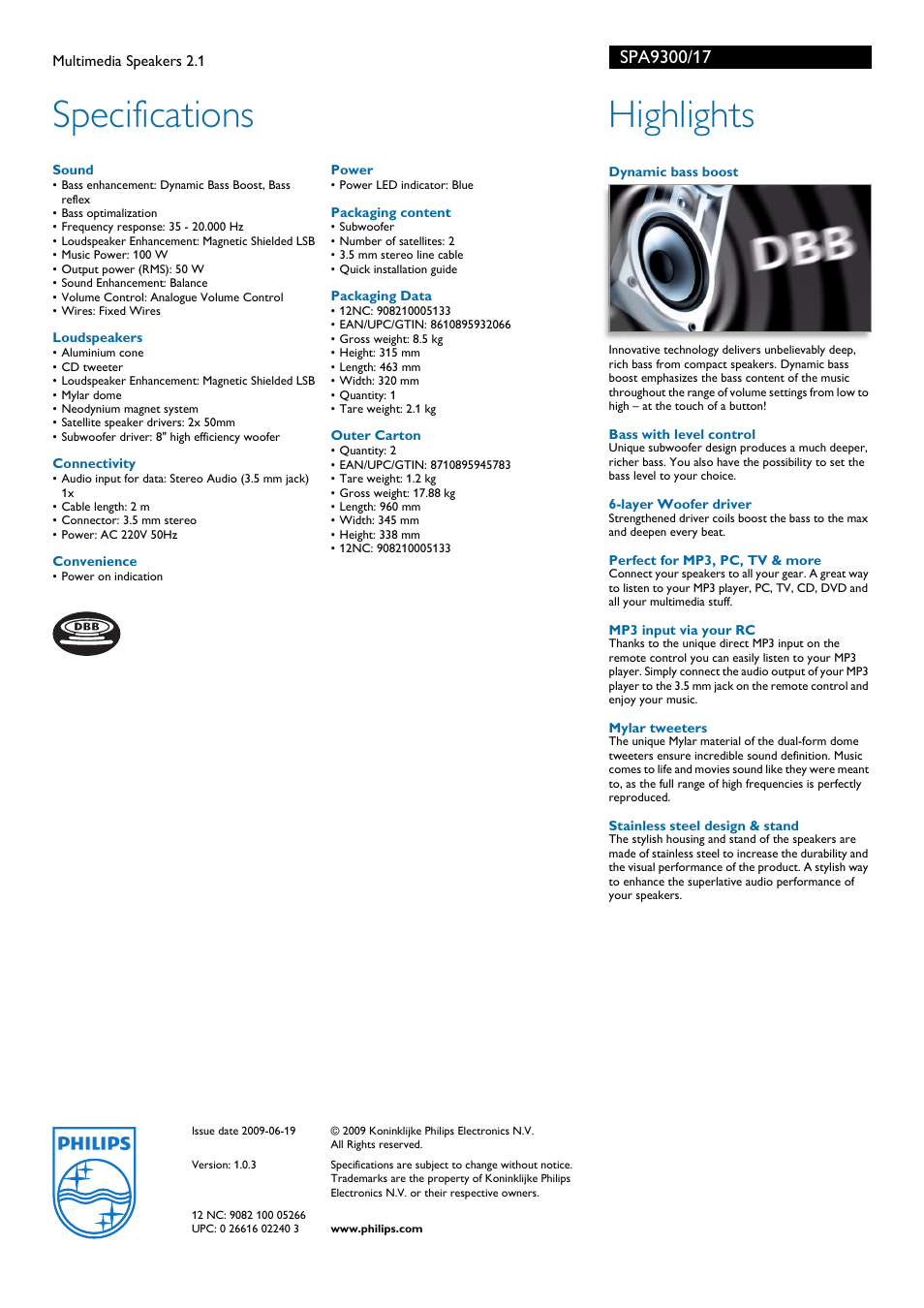 Specifications, Highlights | Philips SPA9300-17 User Manual | Page 2 / 2