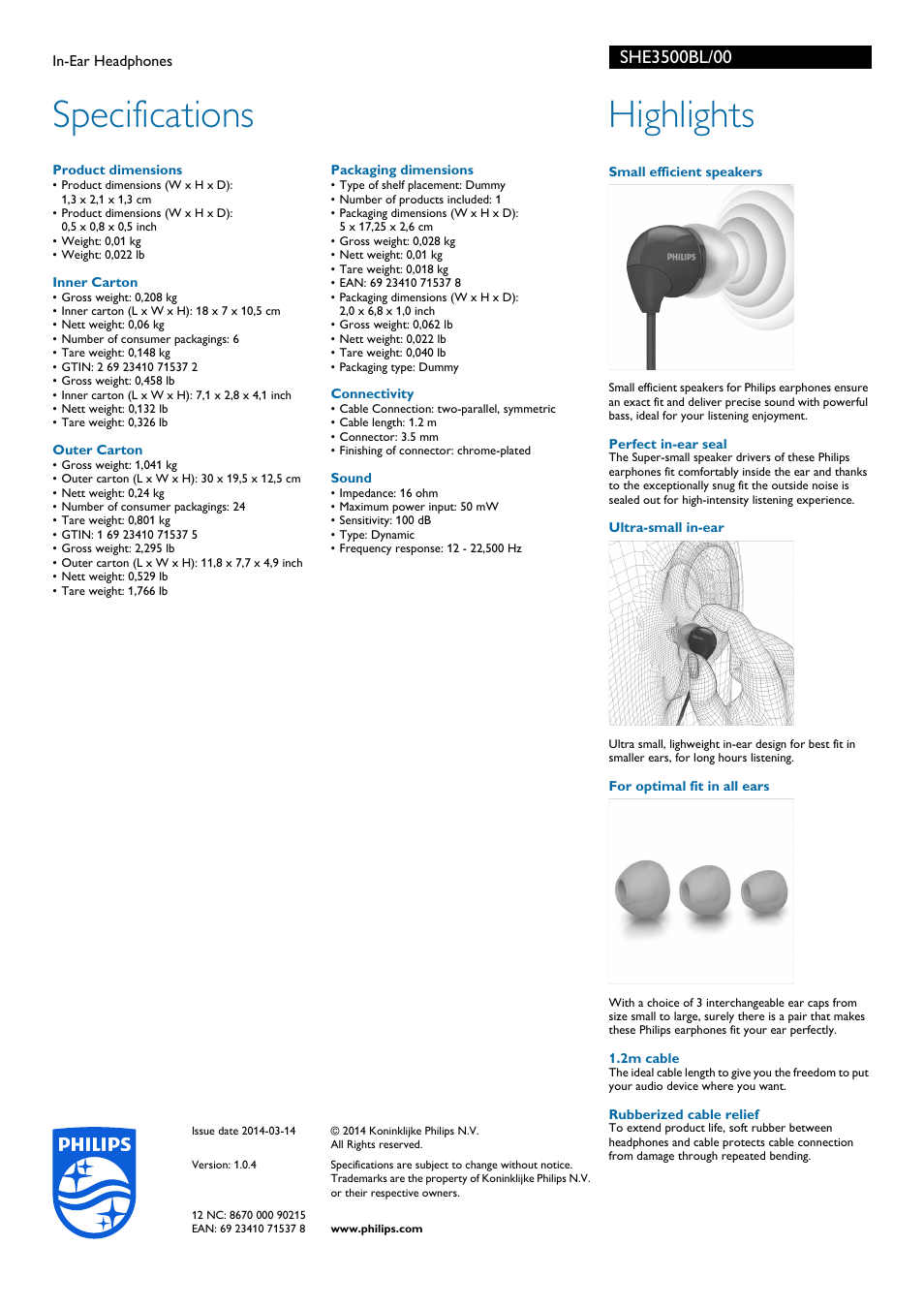 Specifications, Highlights | Philips SHE3500BL-00 User Manual | Page 2 / 2