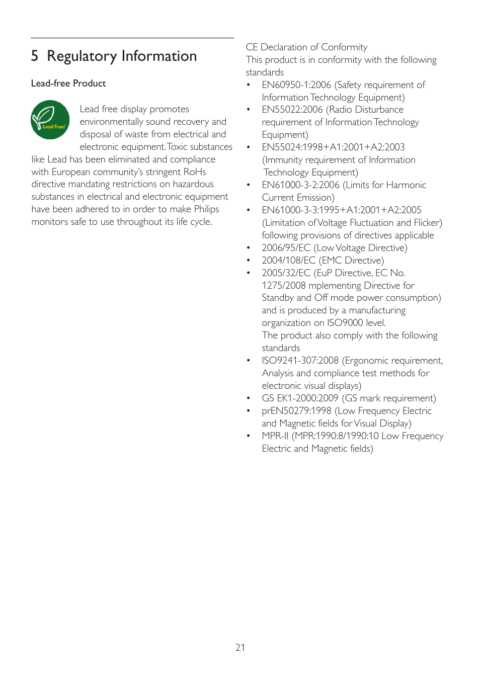 5 regulatory information | Philips 221V2SB-00 User Manual | Page 23 / 47