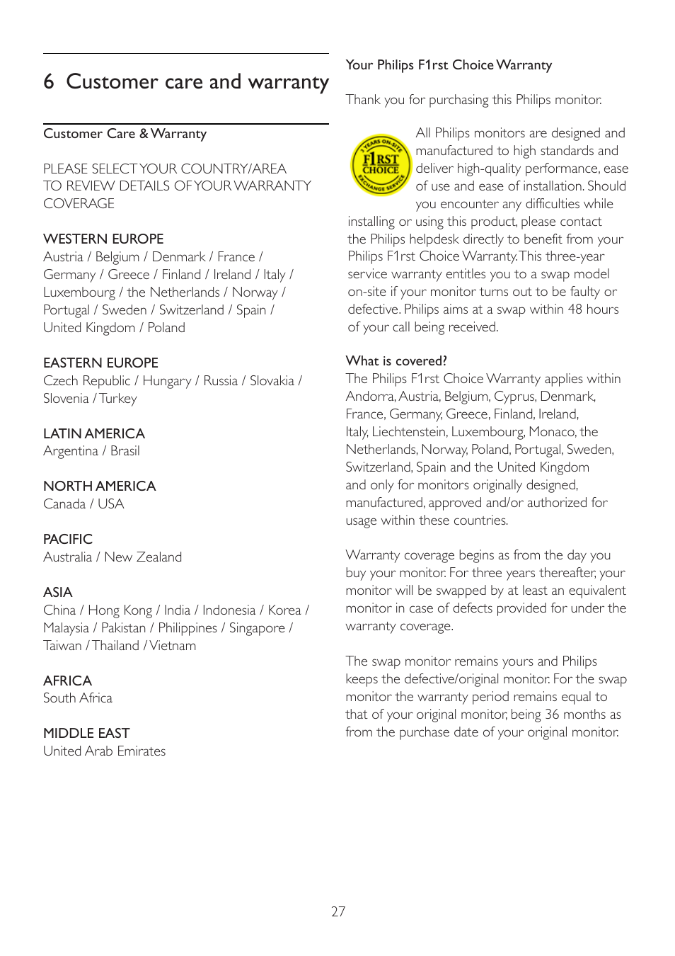 6 customer care and warranty | Philips 221V2SB-00 User Manual | Page 29 / 47