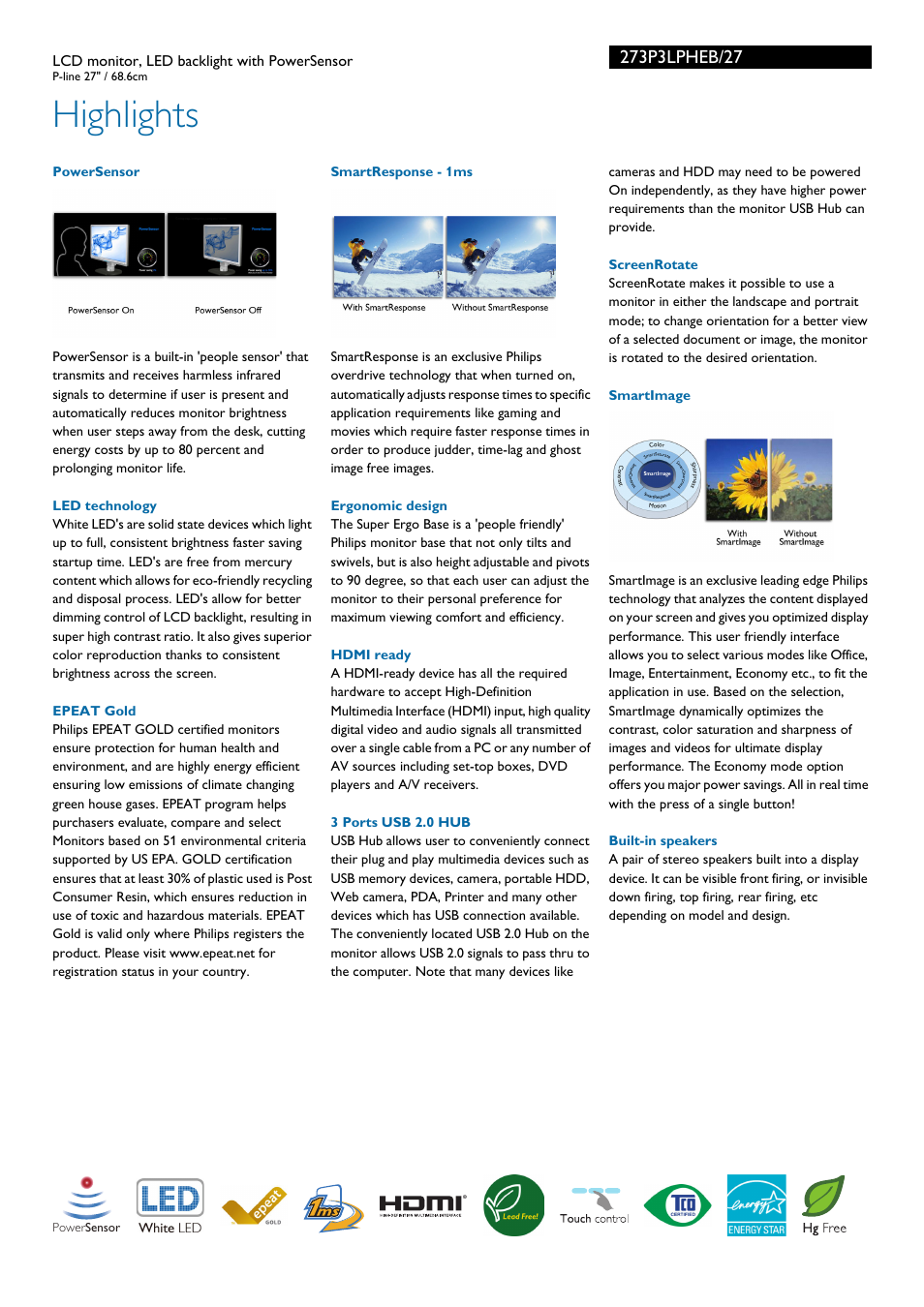 Highlights | Philips 273P3LPHEB-27 User Manual | Page 2 / 3