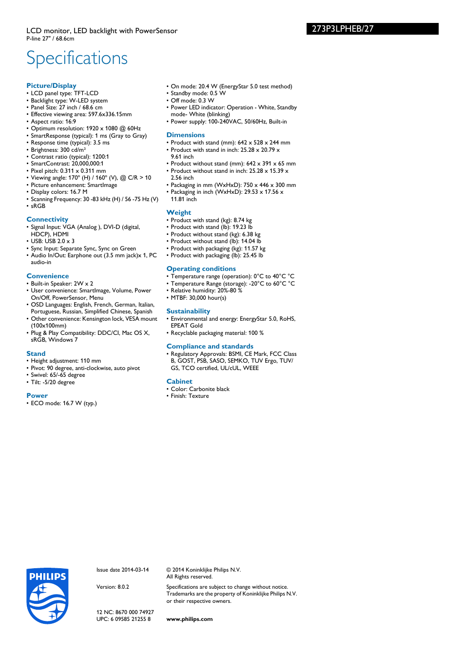 Specifications | Philips 273P3LPHEB-27 User Manual | Page 3 / 3