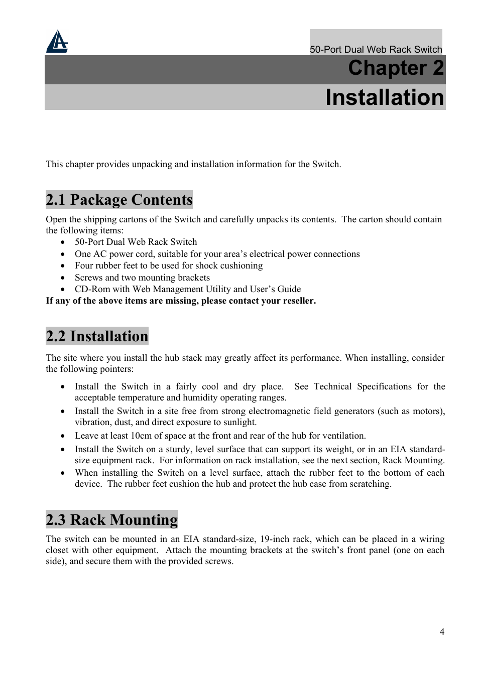 Installation, Chapter 2, 1 package contents | 2 installation, 3 rack mounting | Atlantis Land A02-F48-4G User Manual | Page 10 / 32