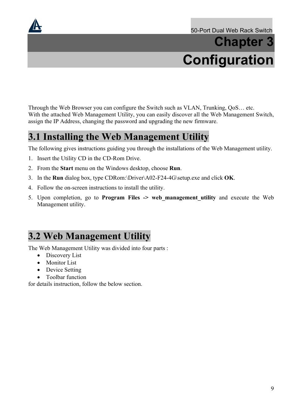 Configuration, Chapter 3, 1 installing the web management utility | 2 web management utility | Atlantis Land A02-F48-4G User Manual | Page 15 / 32