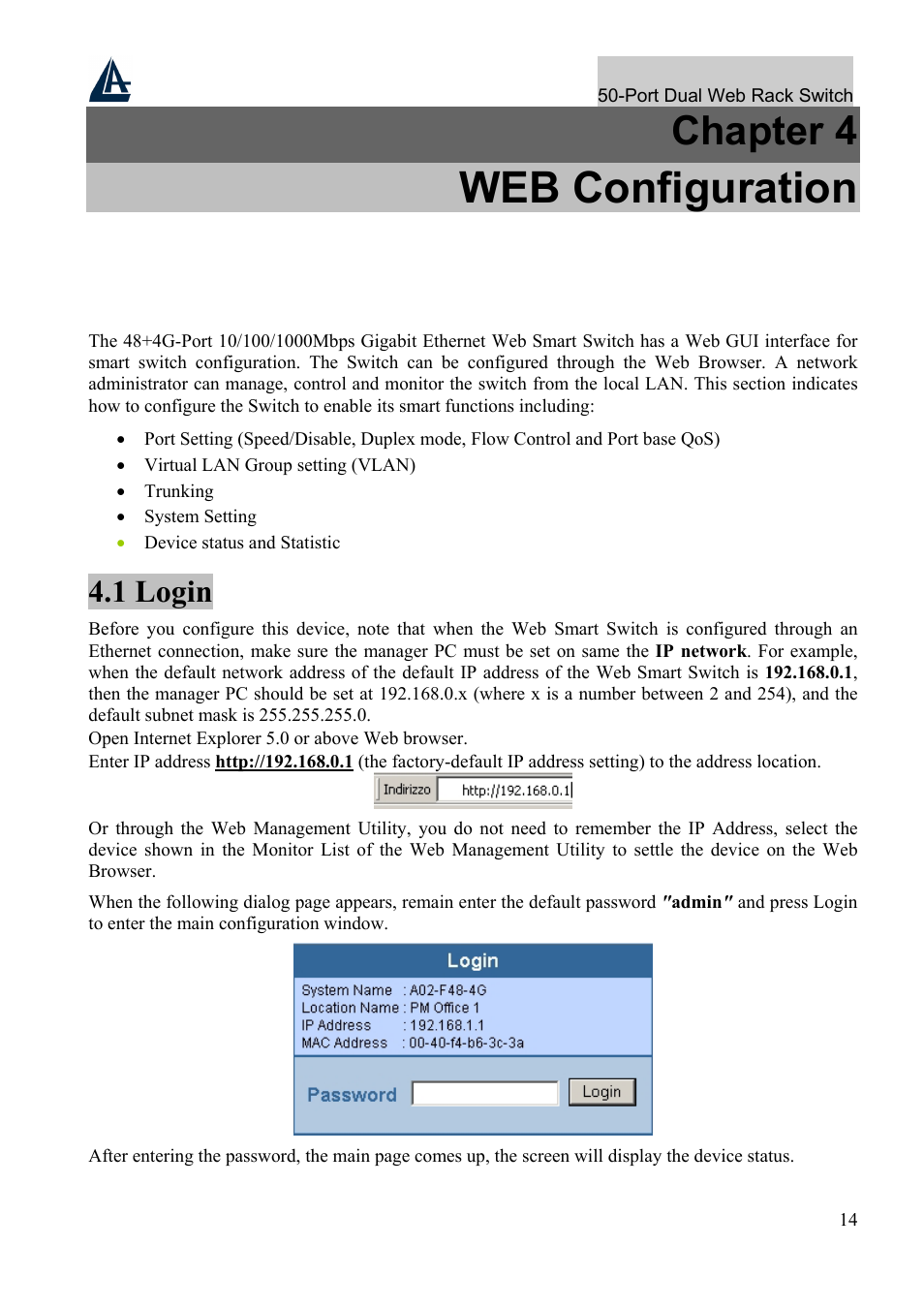 Web configuration, Chapter 4, 1 login | Atlantis Land A02-F48-4G User Manual | Page 20 / 32