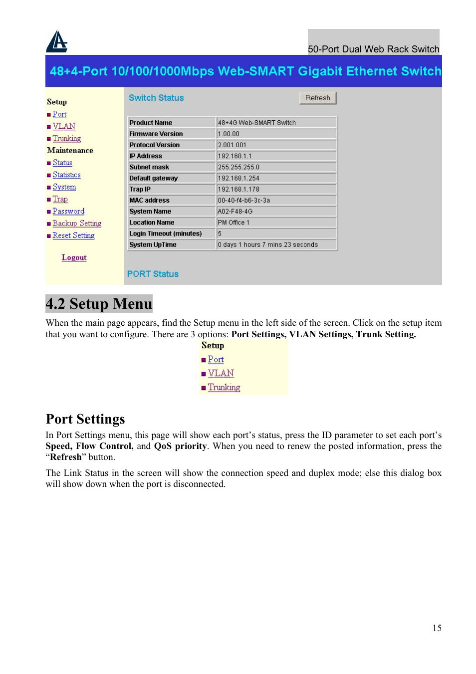 2 setup menu, Port settings | Atlantis Land A02-F48-4G User Manual | Page 21 / 32