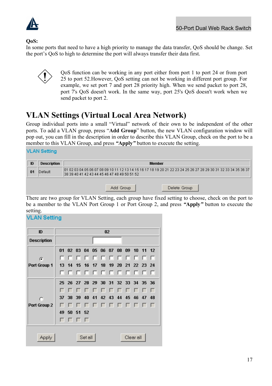 Vlan settings (virtual local area network) | Atlantis Land A02-F48-4G User Manual | Page 23 / 32