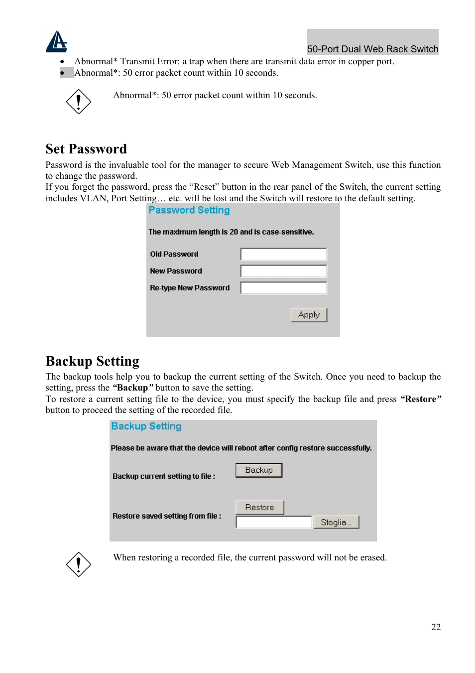 Set password, Backup setting | Atlantis Land A02-F48-4G User Manual | Page 28 / 32