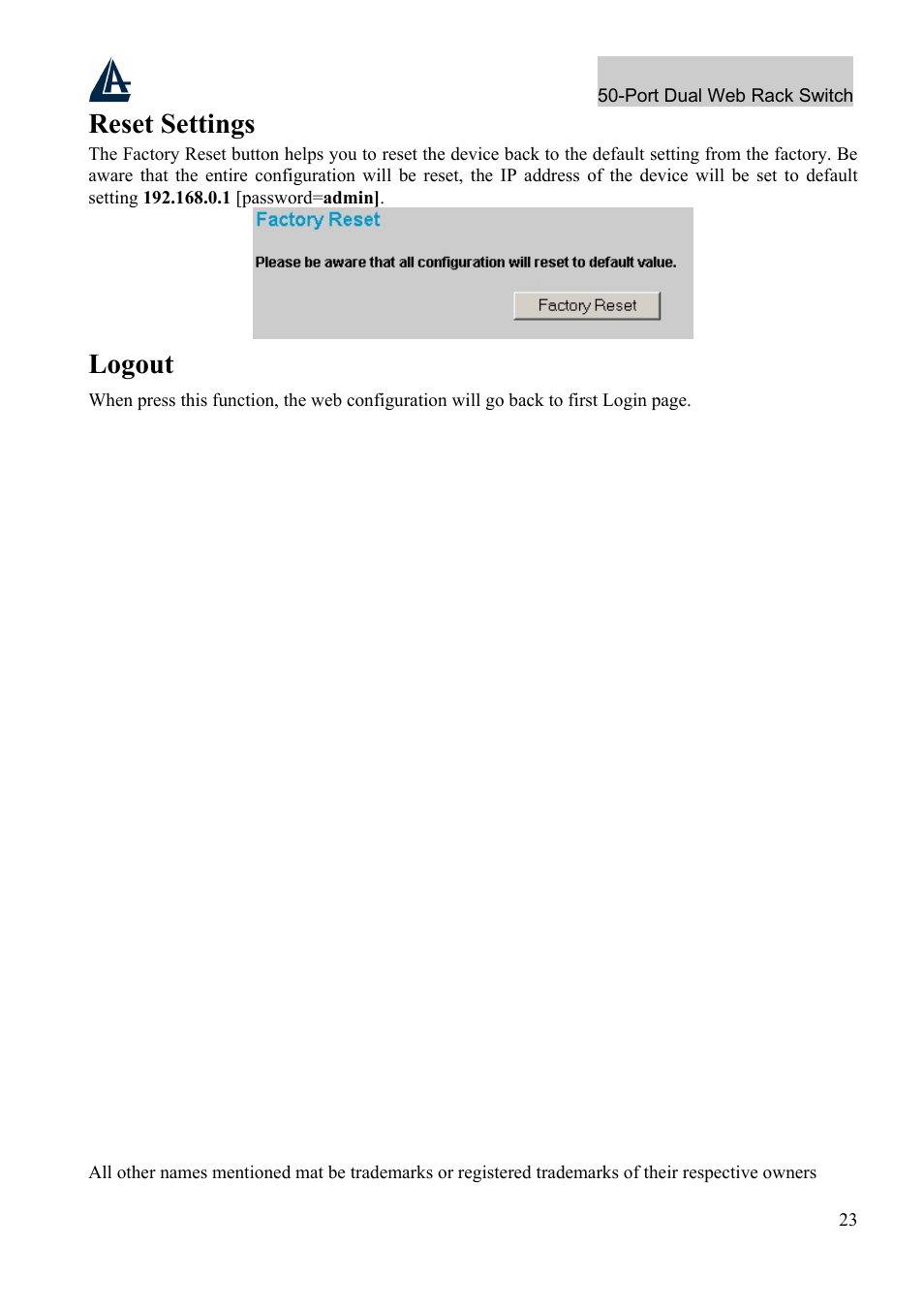 Reset settings, Logout | Atlantis Land A02-F48-4G User Manual | Page 29 / 32