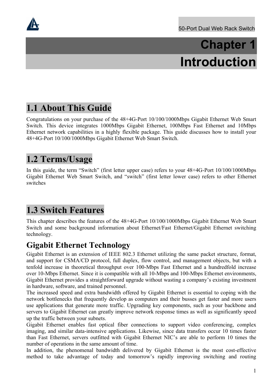 Introduction, Chapter 1, 1 about this guide | 2 terms/usage, 3 switch features | Atlantis Land A02-F48-4G User Manual | Page 7 / 32