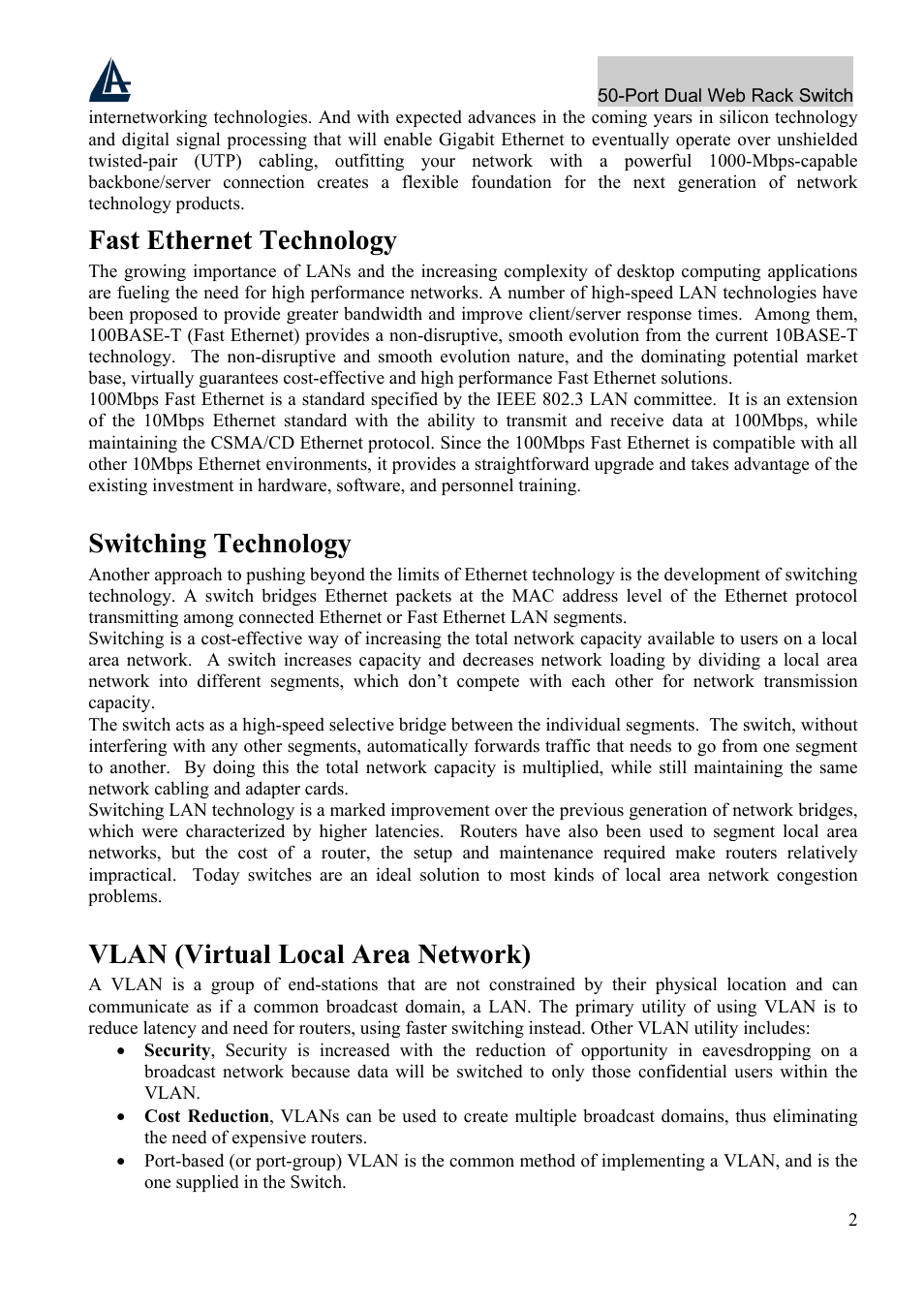 Fast ethernet technology, Switching technology, Vlan (virtual local area network) | Atlantis Land A02-F48-4G User Manual | Page 8 / 32