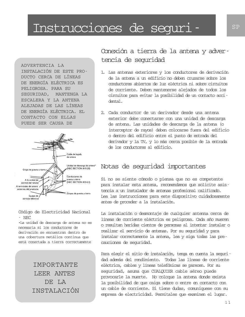 Instrucciones de seguri, Notas de seguridad importantes, Importante leer antes de la instalación | Philips SDV9011K-17 User Manual | Page 11 / 29