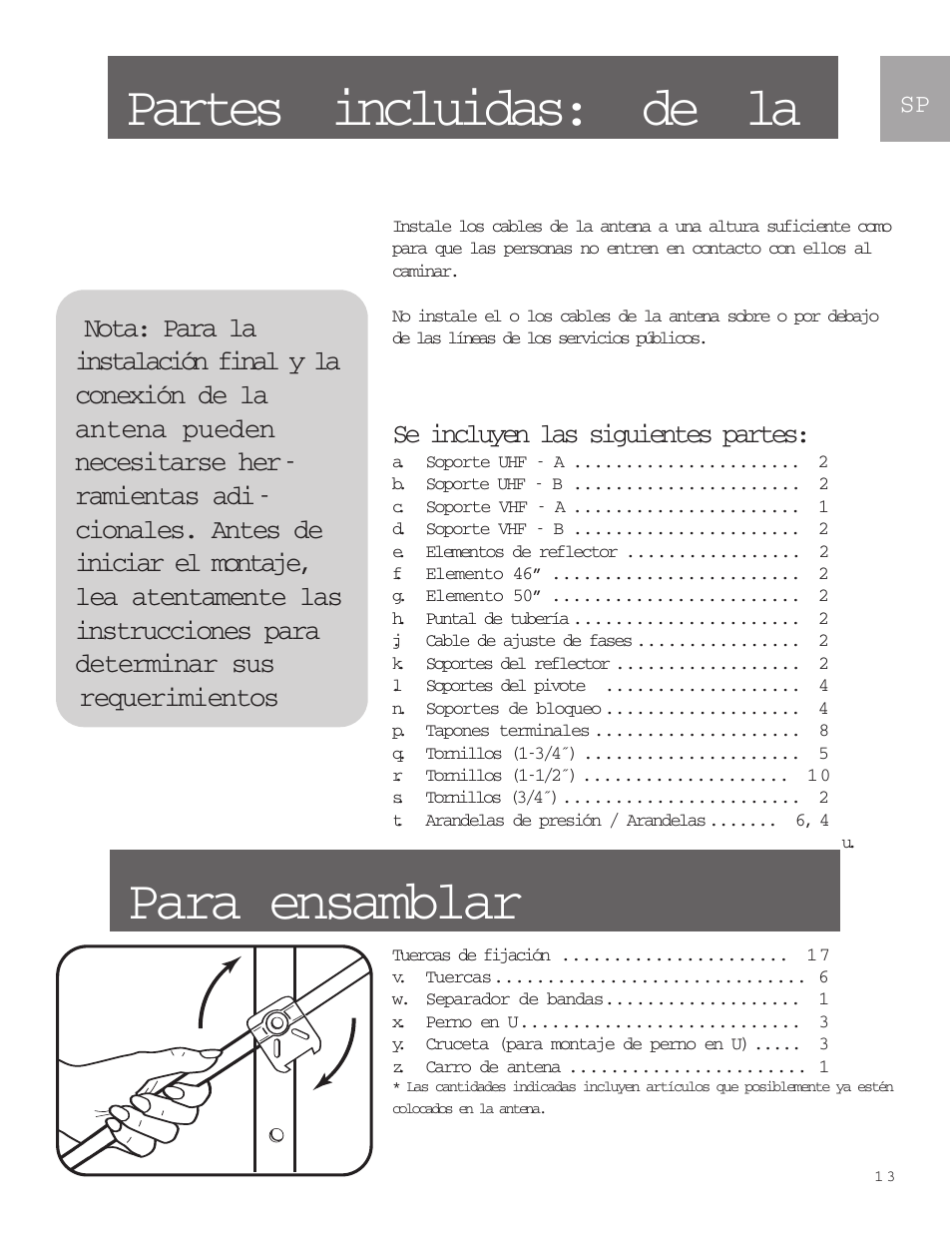 Partes incluidas: de la, Para ensamblar, Se incluyen las siguientes partes | Philips SDV9011K-17 User Manual | Page 13 / 29