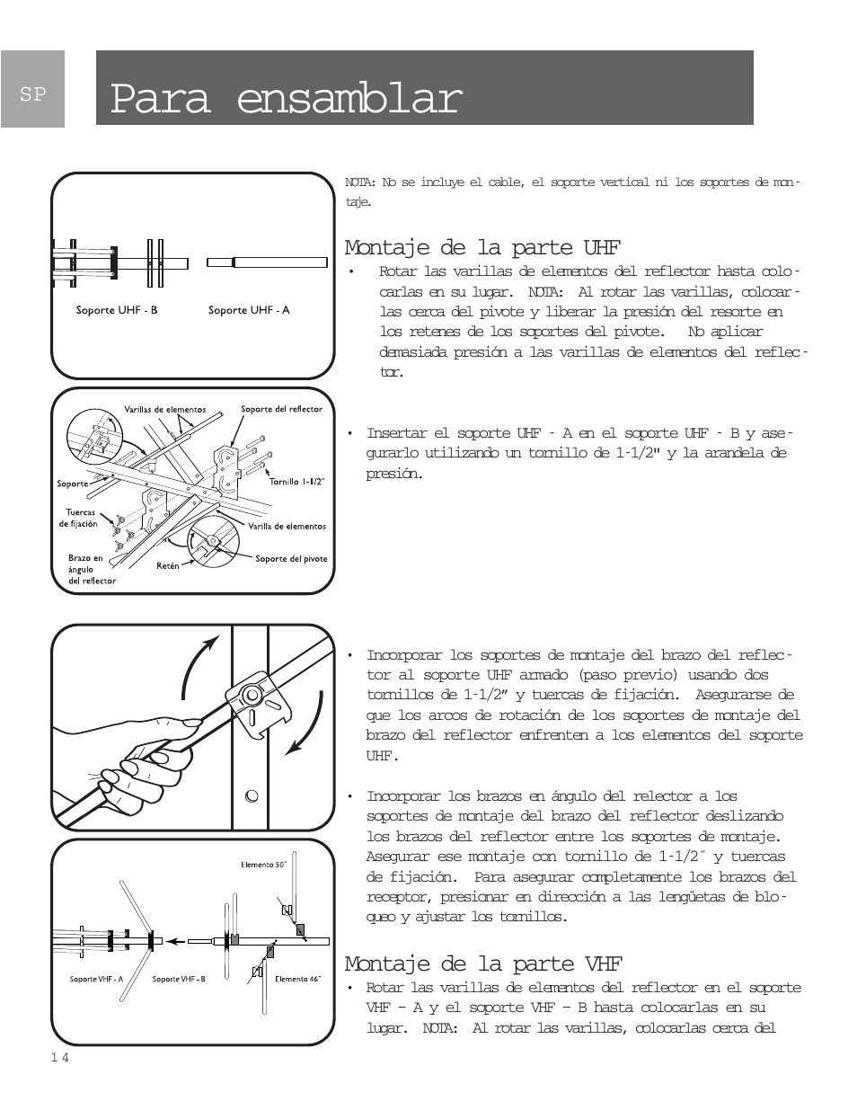 Para ensamblar, Montaje de la parte uhf, Montaje de la parte vhf | Philips SDV9011K-17 User Manual | Page 14 / 29