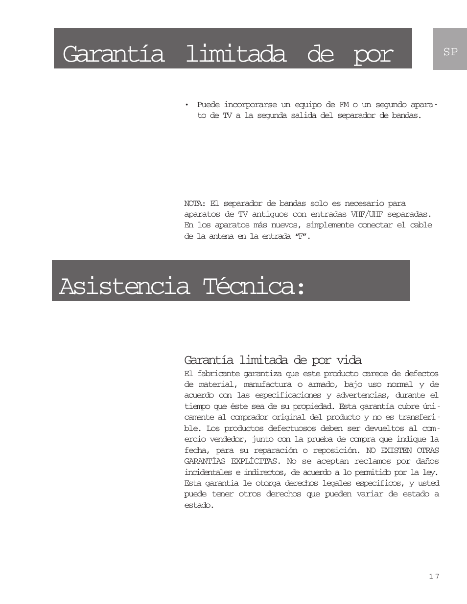 Garantía limitada de por asistencia técnica, Garantía limitada de por vida | Philips SDV9011K-17 User Manual | Page 17 / 29