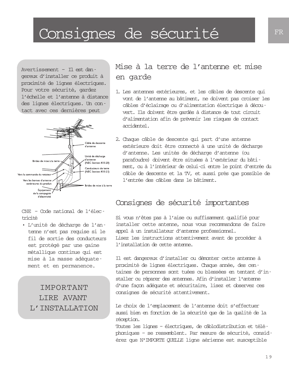 Consignes de sécurité, Mise à la terre de l’antenne et mise en garde, Consignes de sécurité importantes | Important lire avant l’installation | Philips SDV9011K-17 User Manual | Page 19 / 29