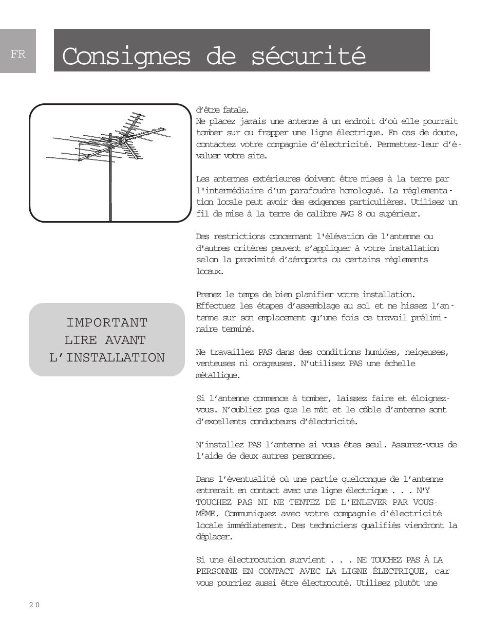 Consignes de sécurité, Important lire avant l’installation | Philips SDV9011K-17 User Manual | Page 20 / 29