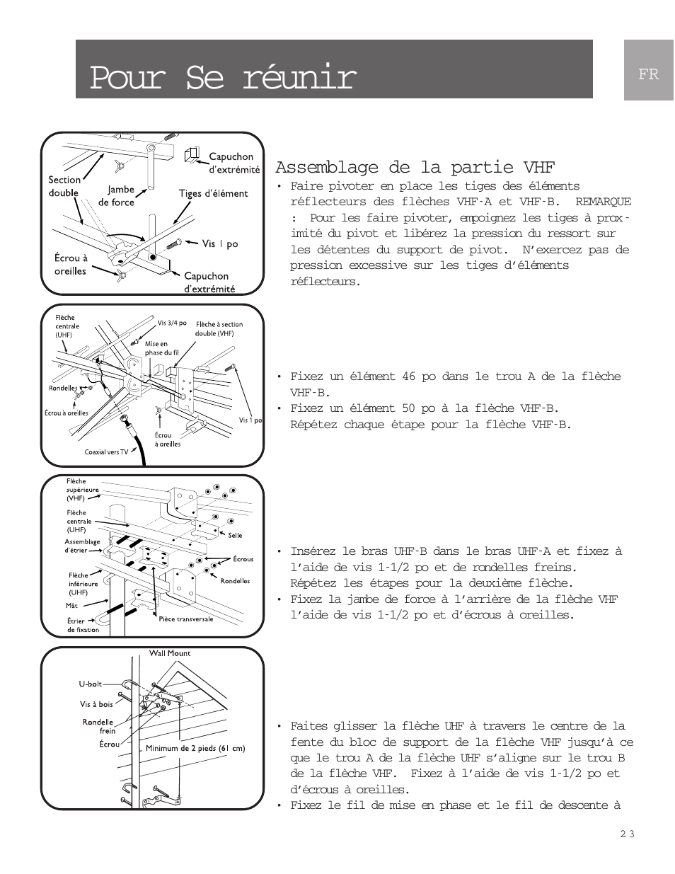 Pour se réunir, Assemblage de la partie vhf | Philips SDV9011K-17 User Manual | Page 23 / 29