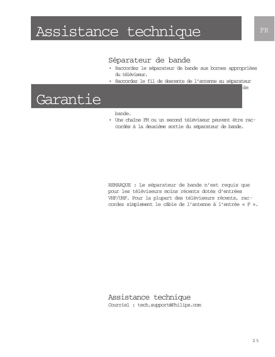 Assistance technique, Garantie, Séparateur de bande | Philips SDV9011K-17 User Manual | Page 25 / 29