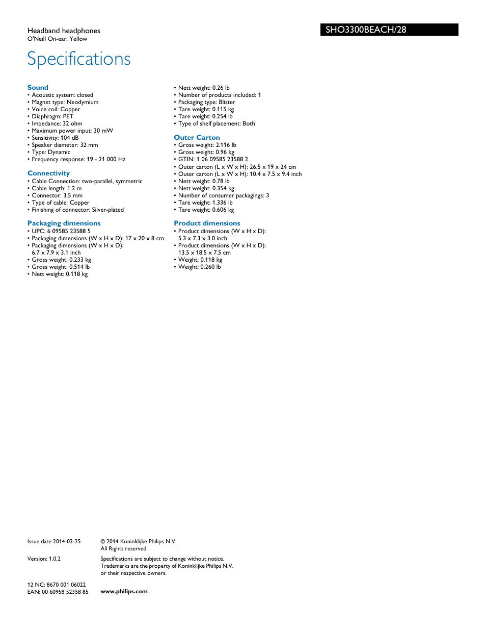 Specifications | Philips SHO3300BEACH-28 User Manual | Page 3 / 3